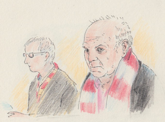 Diese Illustration von Adrian Wylezol zeigt Uli Hoeness während seiner Gerichtsverhandlung.